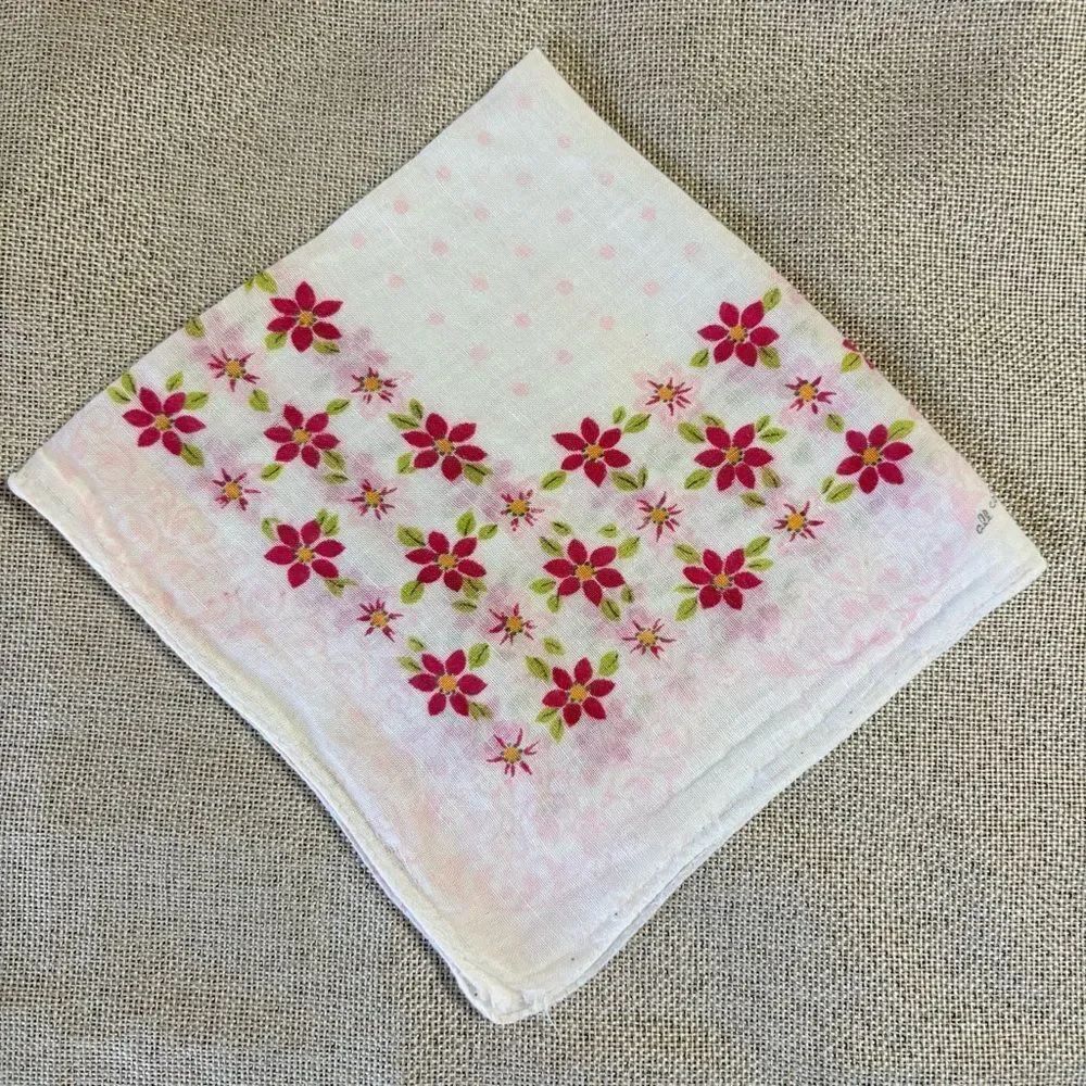 Vintage Wamsutta Pink Floral Handkerchief All Cotton RN 14193 Mid Century Hanky